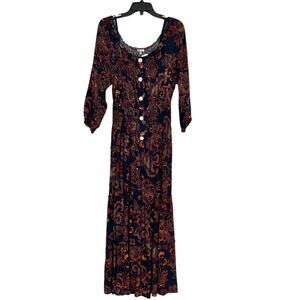 1775 Boho Paisley Print Maxi Dress Button Front 3/4 Sleeve Navy Multi Floral NWT